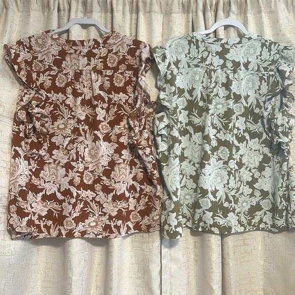 2 Wonderly Button Up Blouses Floral Green White Rust Ruffles Women's Size XXL - Picture 2 of 6